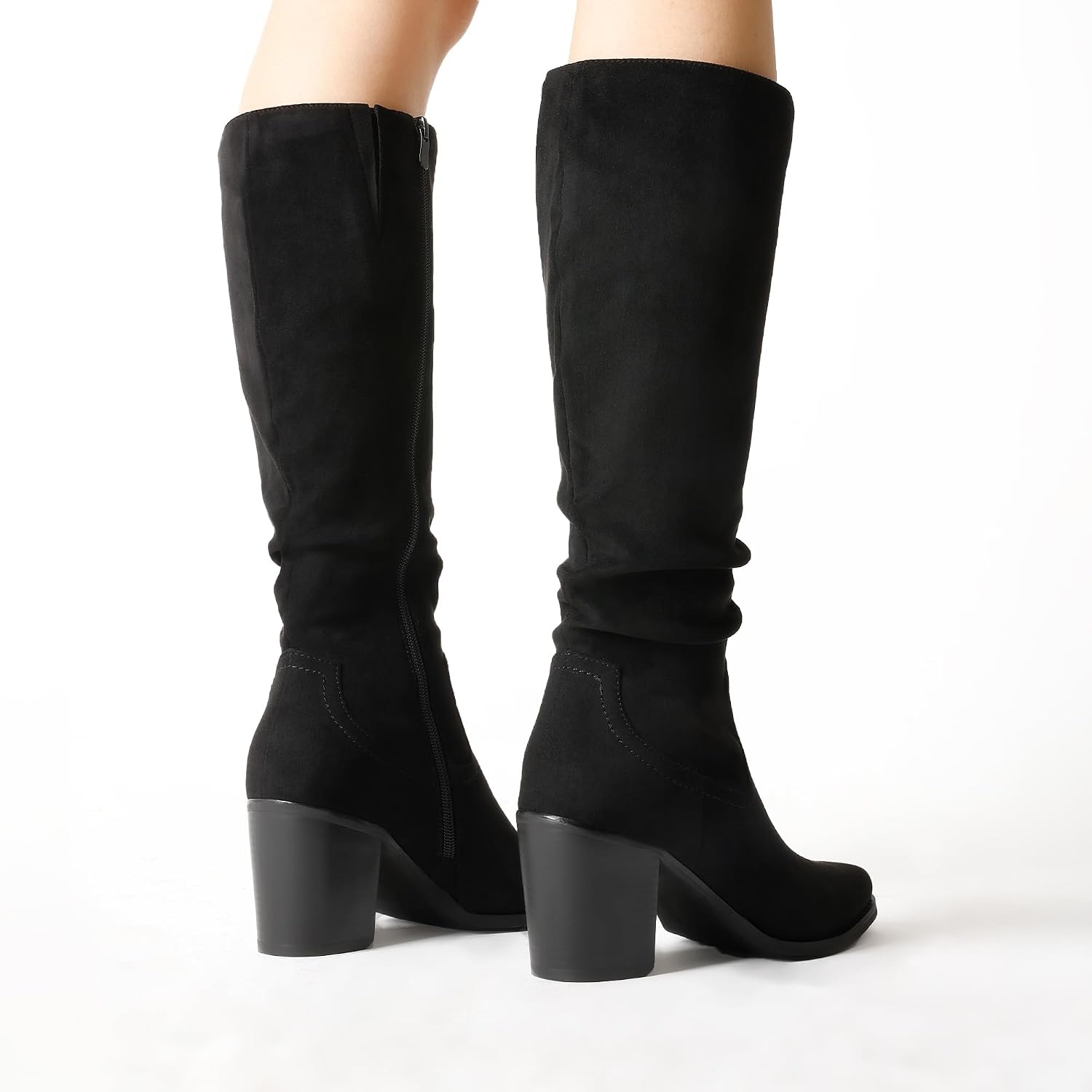 image:imageDREAM PAIRS Womens KneeHigh Boots Comfortable Chunky Block Heel Pointed Toe Pull On Side Zipper Suede Slouch Riding BootsBlack