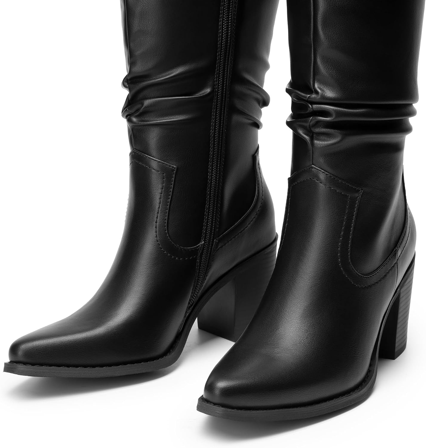 image:imageDREAM PAIRS Womens KneeHigh Boots Comfortable Chunky Block Heel Pointed Toe Pull On Side Zipper Suede Slouch Riding BootsBlackpu