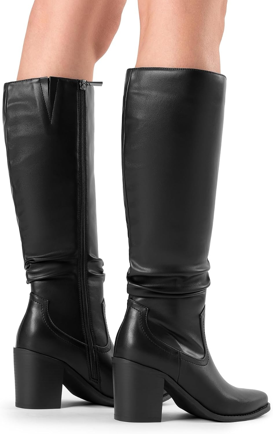 image:imageDREAM PAIRS Womens KneeHigh Boots Comfortable Chunky Block Heel Pointed Toe Pull On Side Zipper Suede Slouch Riding BootsBlackpu