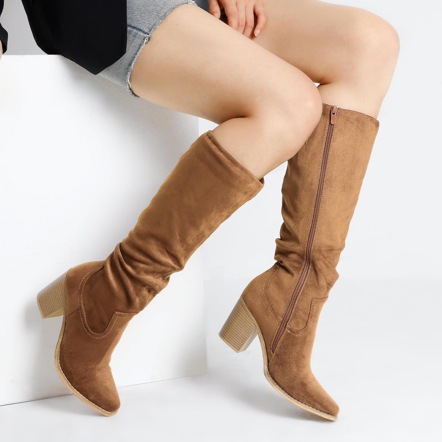 image:imageDREAM PAIRS Womens KneeHigh Boots Comfortable Chunky Block Heel Pointed Toe Pull On Side Zipper Suede Slouch Riding BootsCamel