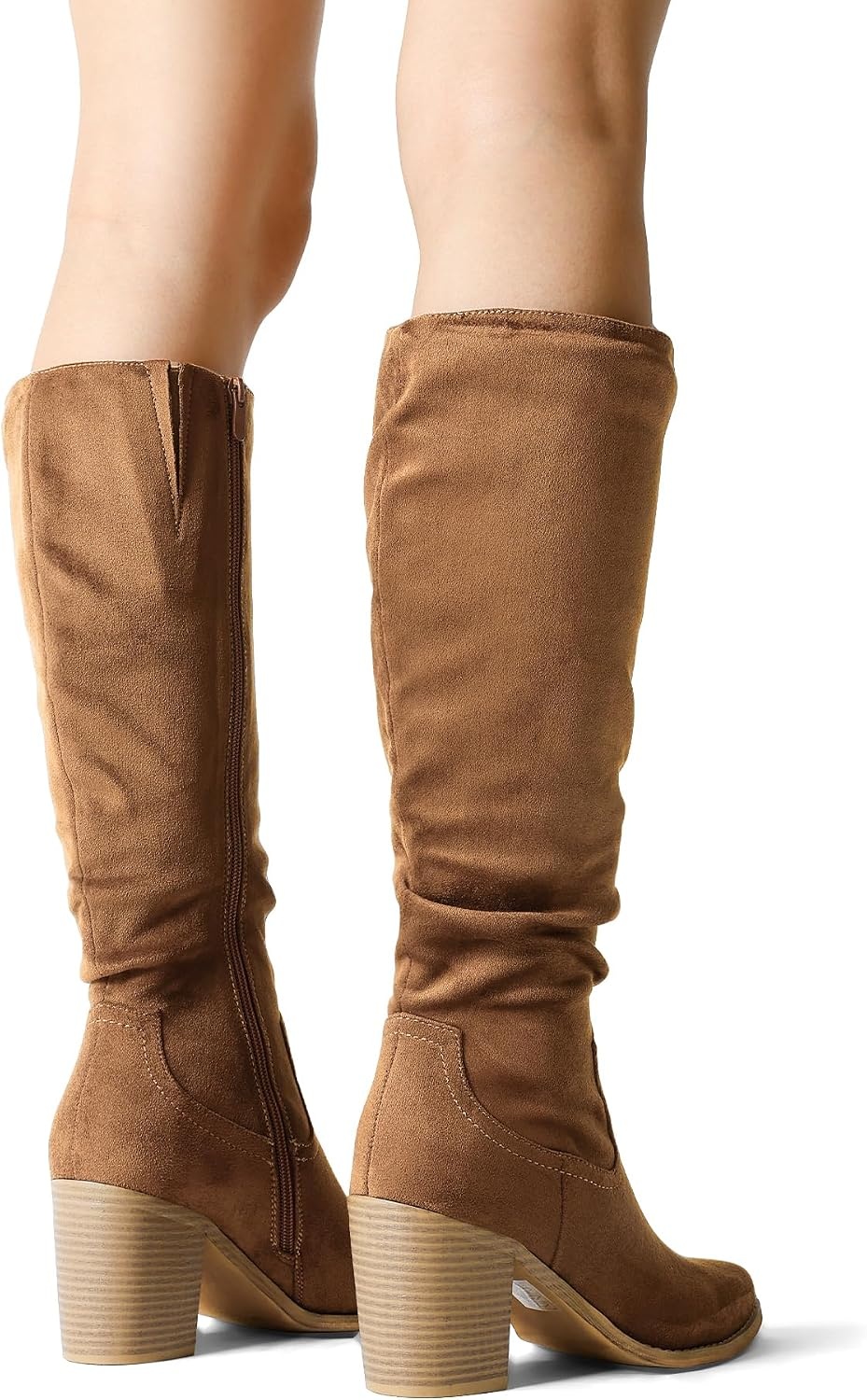 image:imageDREAM PAIRS Womens KneeHigh Boots Comfortable Chunky Block Heel Pointed Toe Pull On Side Zipper Suede Slouch Riding BootsCamel