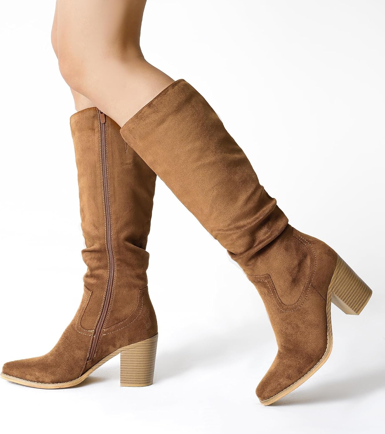 image:imageDREAM PAIRS Womens KneeHigh Boots Comfortable Chunky Block Heel Pointed Toe Pull On Side Zipper Suede Slouch Riding BootsCamel