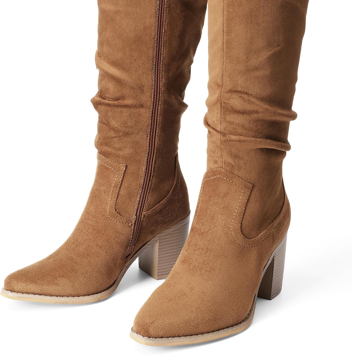 image:imageDREAM PAIRS Womens KneeHigh Boots Comfortable Chunky Block Heel Pointed Toe Pull On Side Zipper Suede Slouch Riding BootsCamel