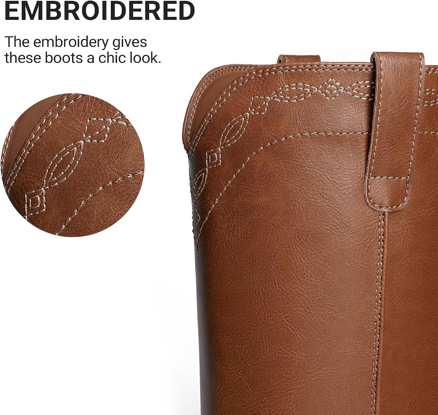 image:imageDREAM PAIRS Womens Modern Knee High Boots with Vintage Western Stitching Comfortable and Versatile Tall BootsLight Brown