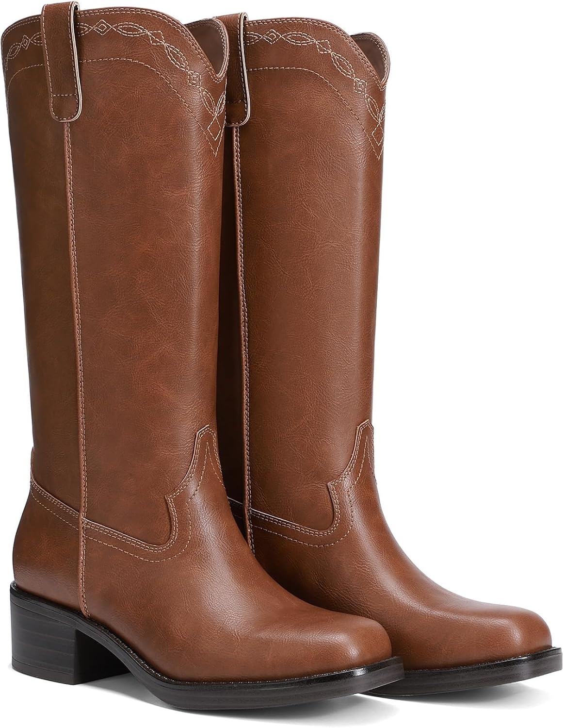 image:imageDREAM PAIRS Womens Modern Knee High Boots with Vintage Western Stitching Comfortable and Versatile Tall BootsLight Brown