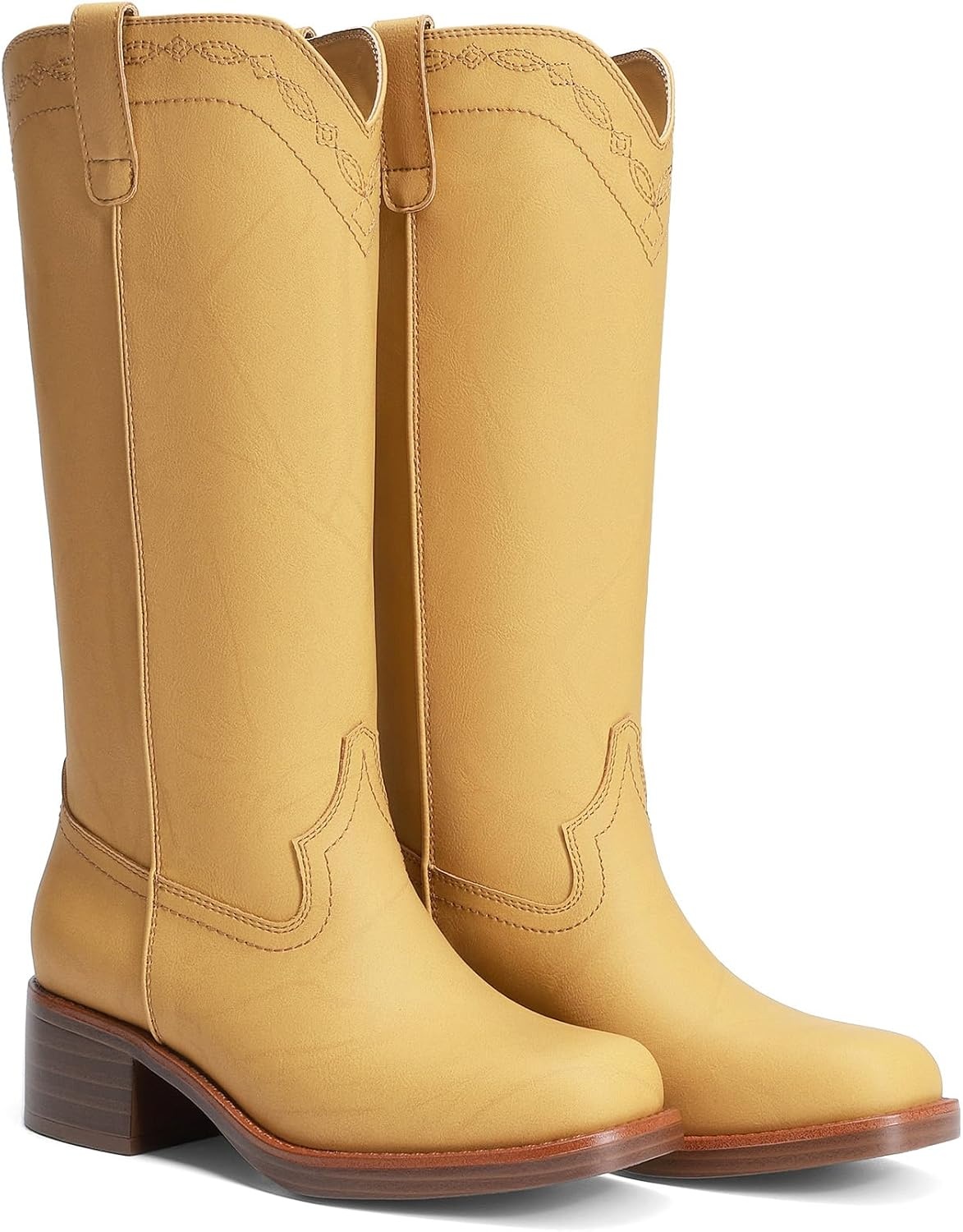 image:imageDREAM PAIRS Womens Modern Knee High Boots with Vintage Western Stitching Comfortable and Versatile Tall BootsYellow