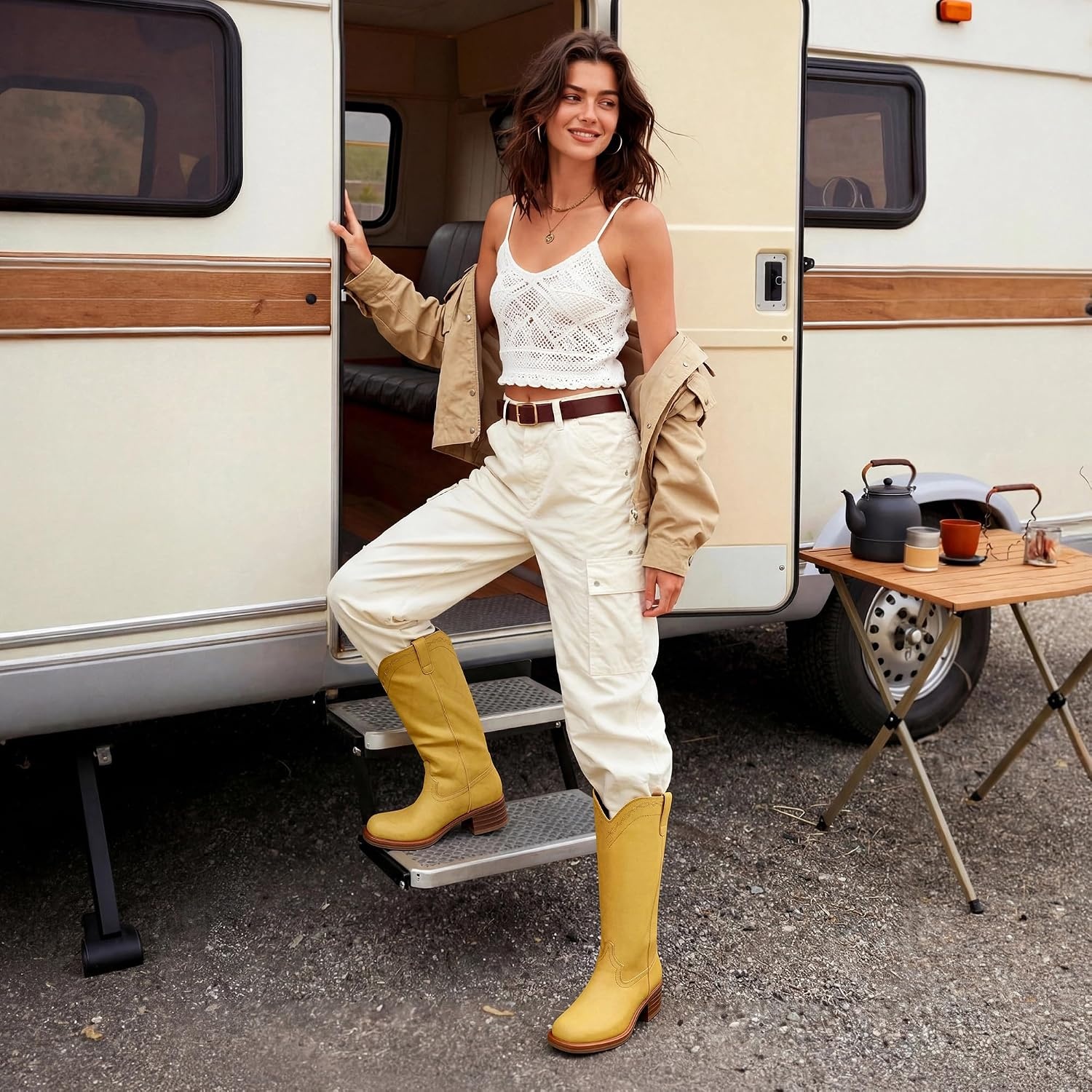 image:imageDREAM PAIRS Womens Modern Knee High Boots with Vintage Western Stitching Comfortable and Versatile Tall BootsYellow