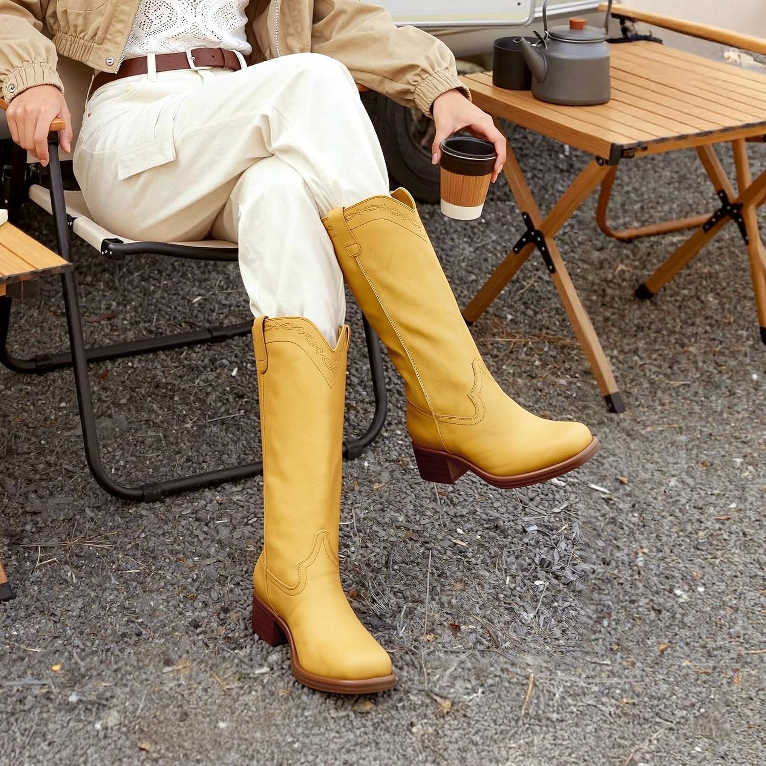 image:imageDREAM PAIRS Womens Modern Knee High Boots with Vintage Western Stitching Comfortable and Versatile Tall BootsYellow