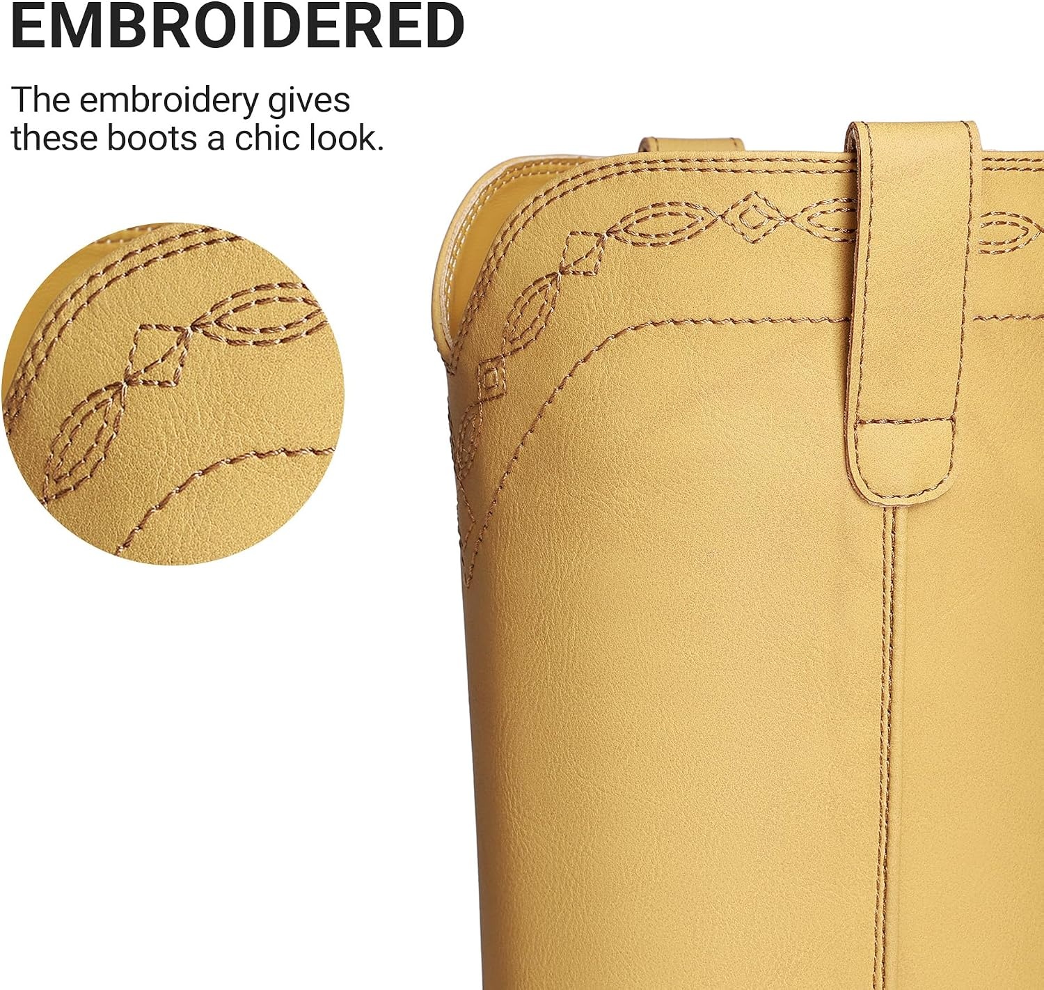 image:imageDREAM PAIRS Womens Modern Knee High Boots with Vintage Western Stitching Comfortable and Versatile Tall BootsYellow