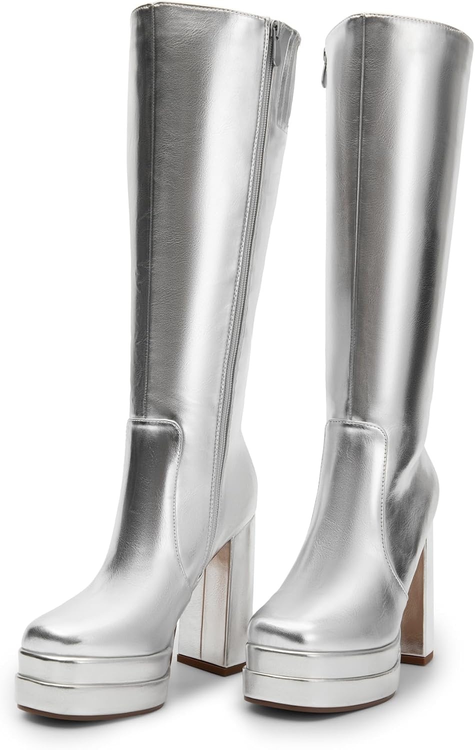image:imageDREAM PAIRS Womens Platform Heeled Knee High Boots Long Chunky Tall Gogo Boots for FallMetallic Silver