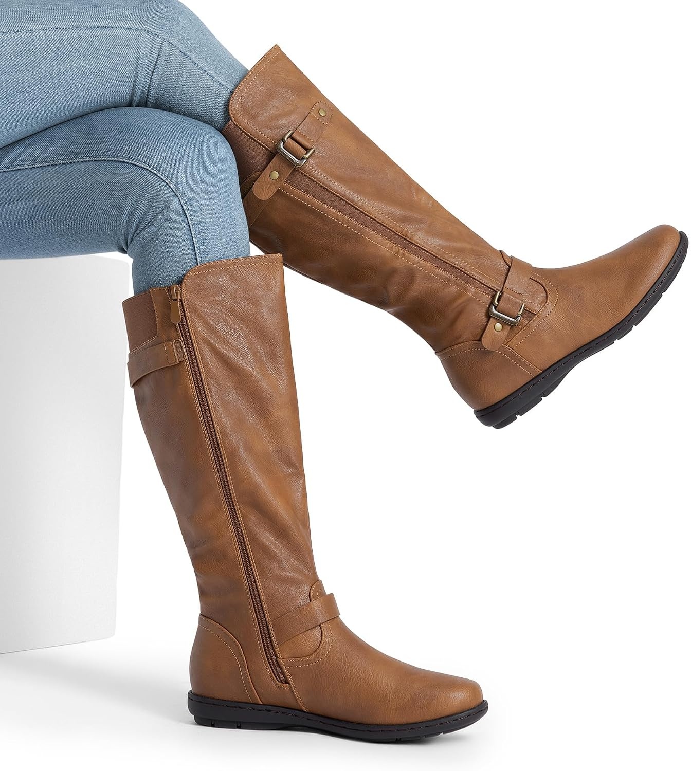 image:imageDREAM PAIRS Womens Wide Calf Knee High Faux FurLined Flat Fashion Winter Boots with Side ZipperTracecamel