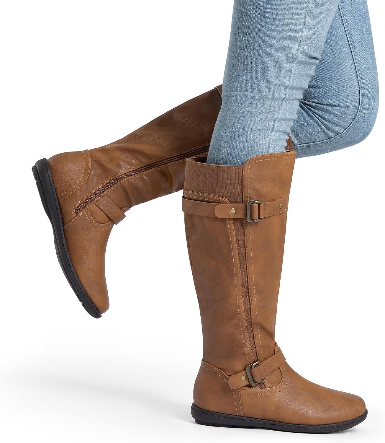 image:imageDREAM PAIRS Womens Wide Calf Knee High Faux FurLined Flat Fashion Winter Boots with Side ZipperTracecamel