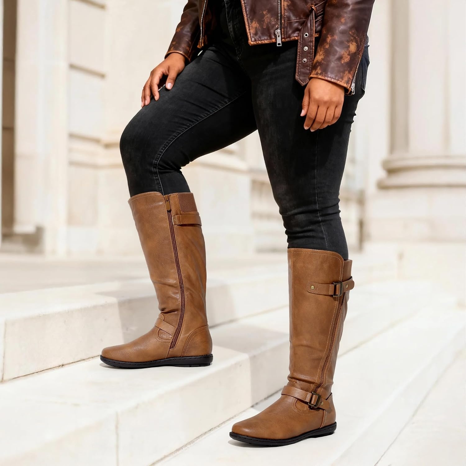 image:imageDREAM PAIRS Womens Wide Calf Knee High Faux FurLined Flat Fashion Winter Boots with Side ZipperTracecamel