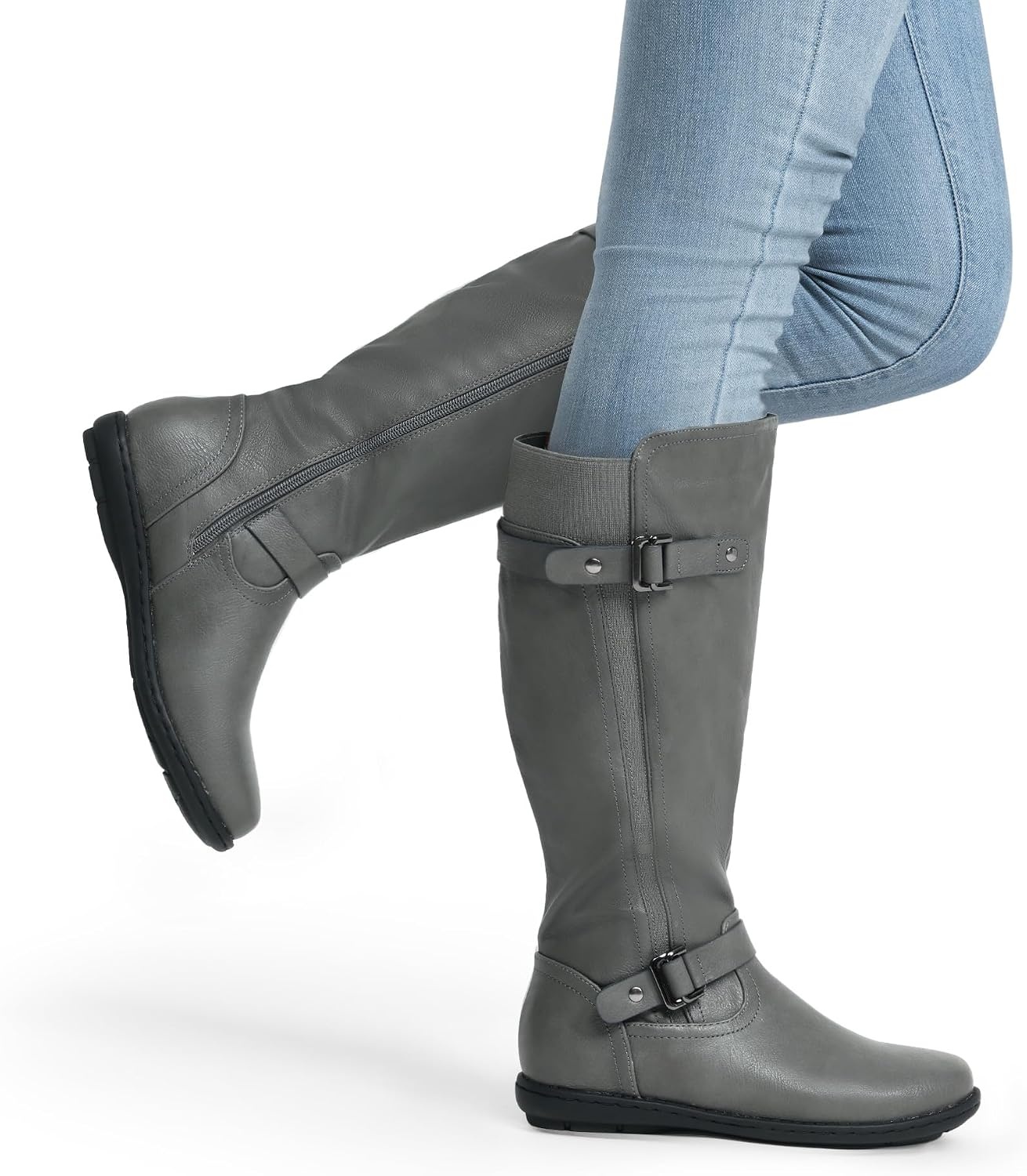 image:imageDREAM PAIRS Womens Wide Calf Knee High Faux FurLined Flat Fashion Winter Boots with Side ZipperTracegrey