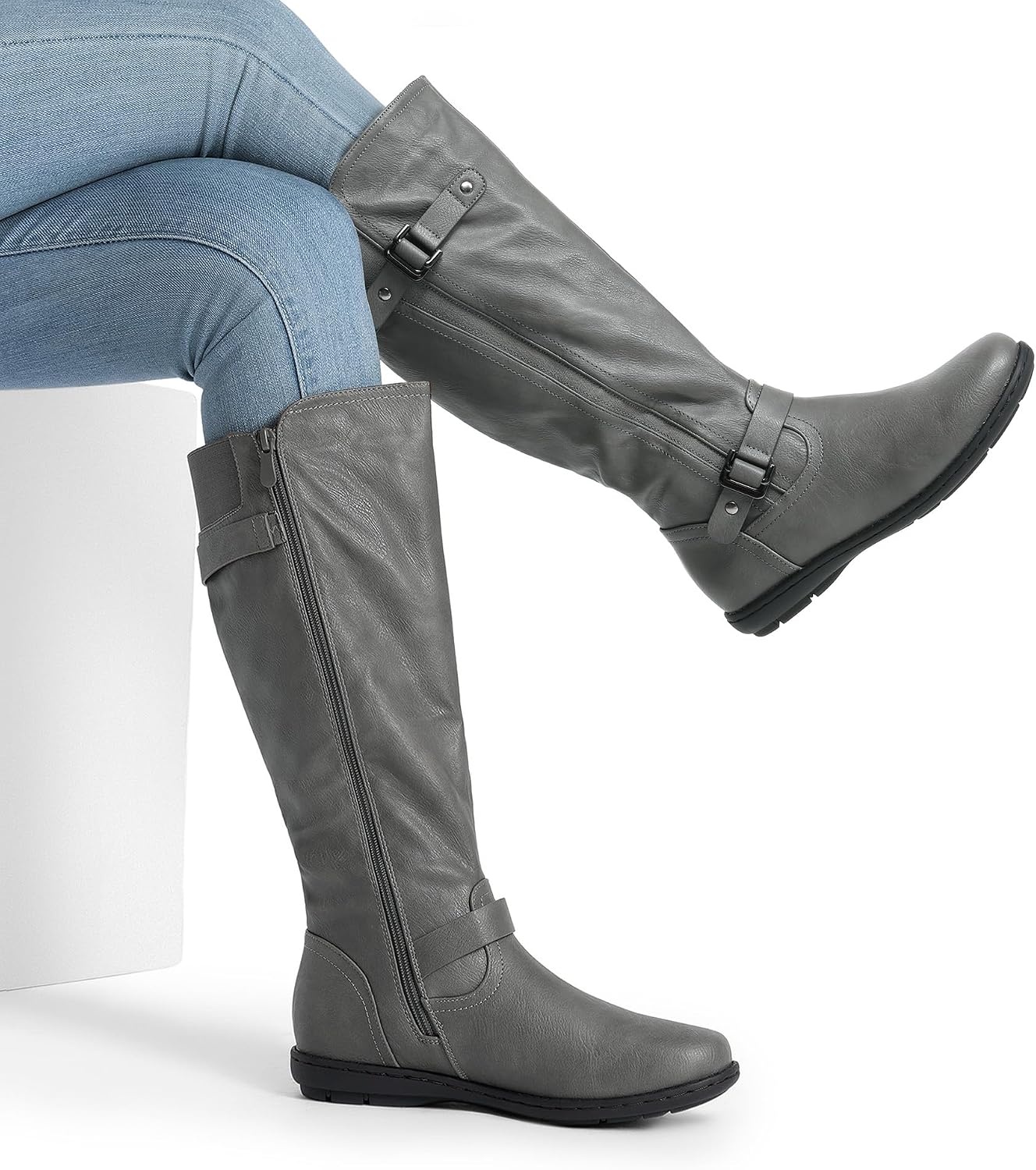 image:imageDREAM PAIRS Womens Wide Calf Knee High Faux FurLined Flat Fashion Winter Boots with Side ZipperTracegrey