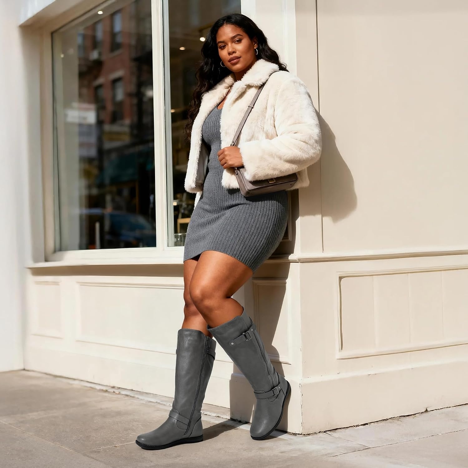image:imageDREAM PAIRS Womens Wide Calf Knee High Faux FurLined Flat Fashion Winter Boots with Side ZipperTracegrey