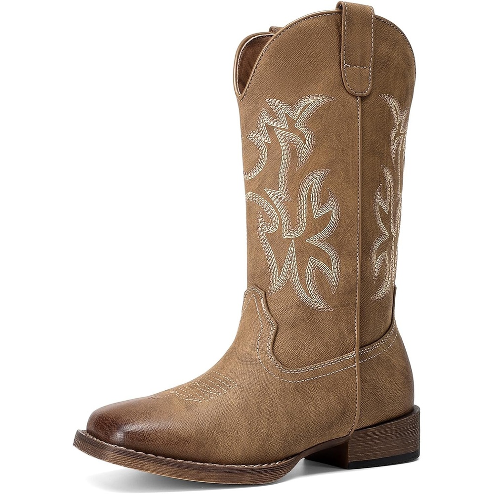 image:imageDREAM PAIRS Cowboy Cowgirl Boots for Women Wide Square Toe Western Mid Calf PullOn Embroidered Stitched Retro BootsTan