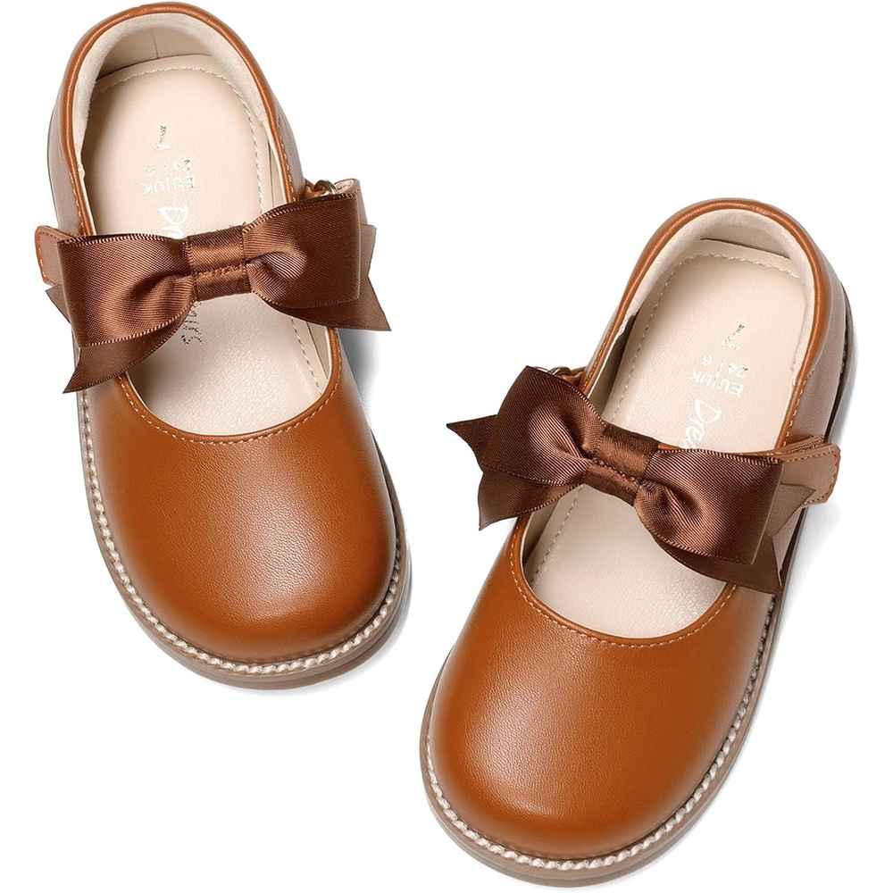 image:imageDREAM PAIRS Girls Mary Jane Shoes Toddler School Uniform Dress Shoes Wide Toe Ballet Flats with Detachable Bow for Little KidsBrown