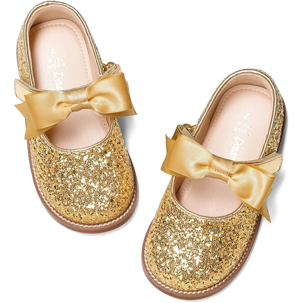 image:imageDREAM PAIRS Girls Mary Jane Shoes Toddler School Uniform Dress Shoes Wide Toe Ballet Flats with Detachable Bow for Little KidsGold