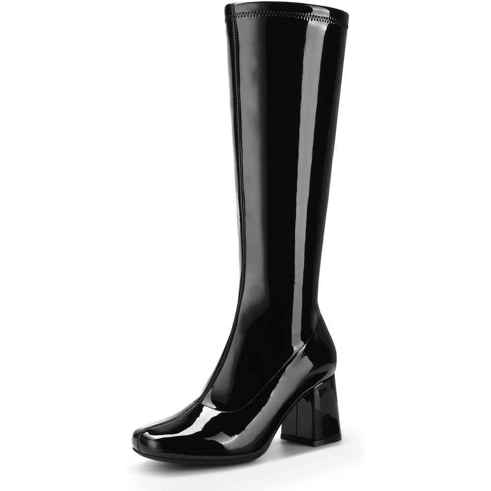 image:imageDREAM PAIRS Womens Gogo Boots Square Toe Chunky Wide Calf Knee High BootsBlackPatentPu