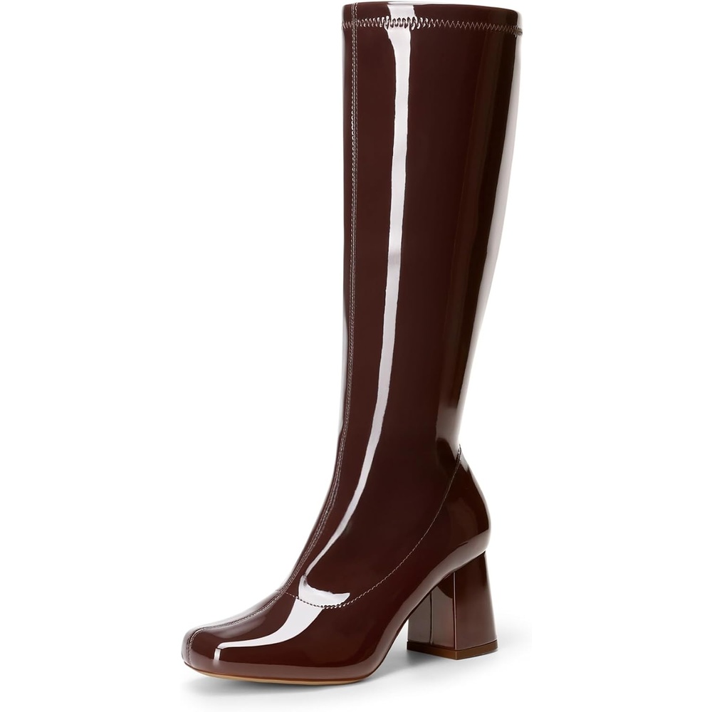 image:imageDREAM PAIRS Womens Gogo Boots Square Toe Chunky Wide Calf Knee High BootsBrown