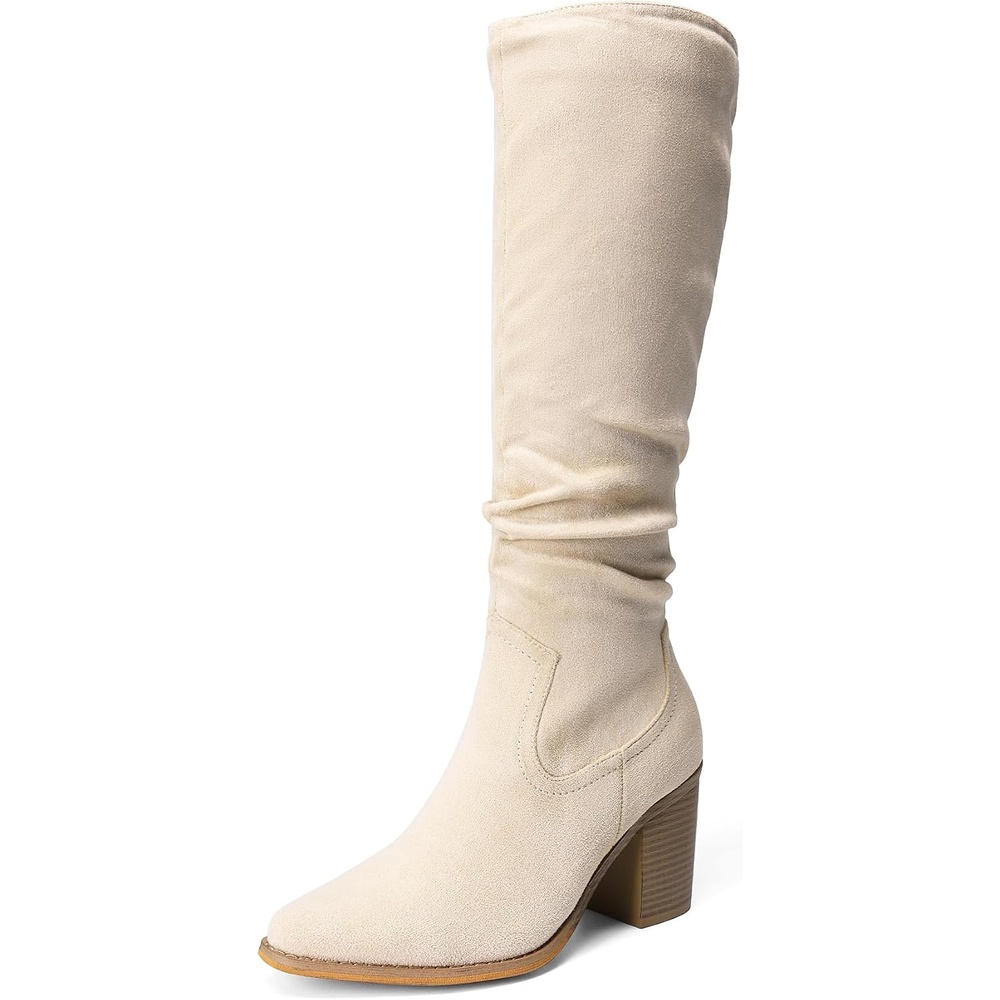 image:imageDREAM PAIRS Womens KneeHigh Boots Comfortable Chunky Block Heel Pointed Toe Pull On Side Zipper Suede Slouch Riding BootsBeige