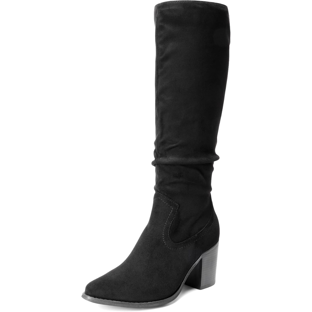 image:imageDREAM PAIRS Womens KneeHigh Boots Comfortable Chunky Block Heel Pointed Toe Pull On Side Zipper Suede Slouch Riding BootsBlack