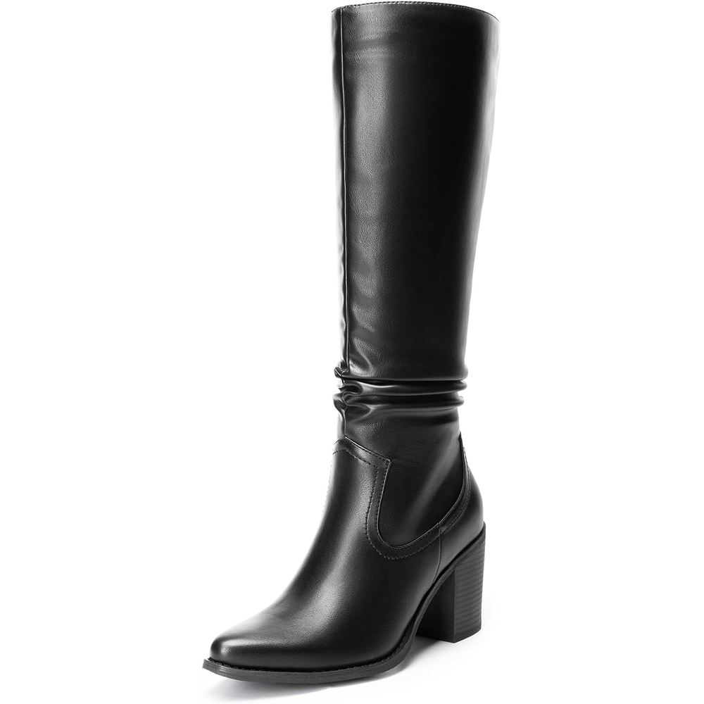 image:imageDREAM PAIRS Womens KneeHigh Boots Comfortable Chunky Block Heel Pointed Toe Pull On Side Zipper Suede Slouch Riding BootsBlackpu
