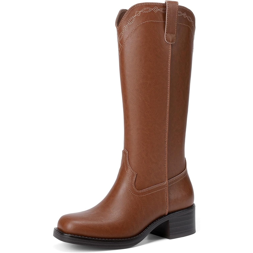 image:imageDREAM PAIRS Womens Modern Knee High Boots with Vintage Western Stitching Comfortable and Versatile Tall BootsLight Brown