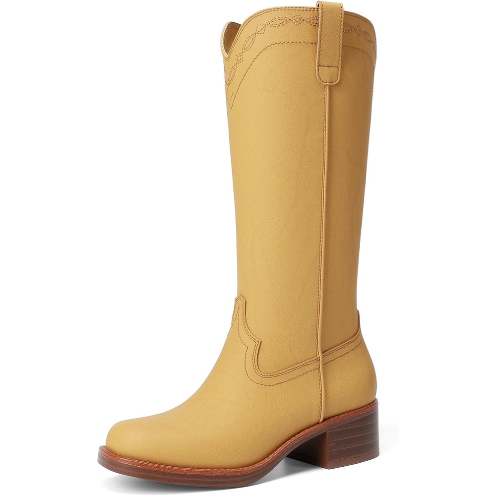 image:imageDREAM PAIRS Womens Modern Knee High Boots with Vintage Western Stitching Comfortable and Versatile Tall BootsYellow