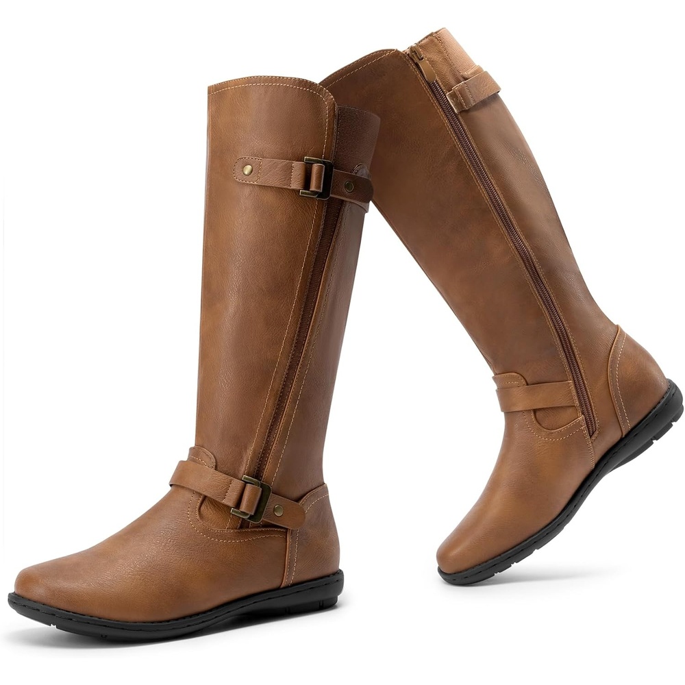 image:imageDREAM PAIRS Womens Wide Calf Knee High Faux FurLined Flat Fashion Winter Boots with Side ZipperTracecamel