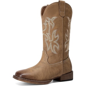 DREAM PAIRS Cowboy Cowgirl Boots for Women Wide Square Toe Western Mid Calf Pull-On Embroidered Stitched Retro Boots(Tan)