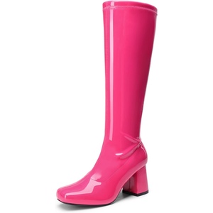 DREAM PAIRS Women’s Gogo Boots Square Toe Chunky Wide Calf Knee High Boots(Hot Pink-pat)