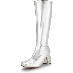 DREAM PAIRS Women’s Gogo Boots Square Toe Chunky Wide Calf Knee High Boots(Metallic Silver)