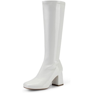 DREAM PAIRS Women’s Gogo Boots Square Toe Chunky Wide Calf Knee High Boots(White)