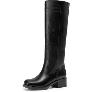 DREAM PAIRS Women’s Knee High Boots Pull-on Tall Shaft with Western Stitching Vintage Style Comfortable Square Toe Boots for Women(Black)