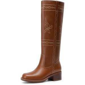 DREAM PAIRS Women’s Knee High Boots Pull-on Tall Shaft with Western Stitching Vintage Style Comfortable Square Toe Boots for Women(Brown)