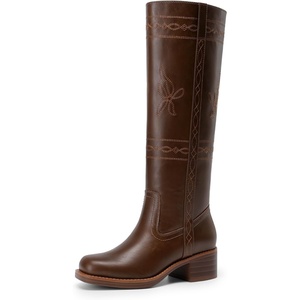 DREAM PAIRS Women’s Knee High Boots Pull-on Tall Shaft with Western Stitching Vintage Style Comfortable Square Toe Boots for Women(Dark Brown)