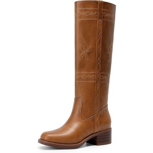 DREAM PAIRS Women’s Knee High Boots Pull-on Tall Shaft with Western Stitching Vintage Style Comfortable Square Toe Boots for Women(Tan)