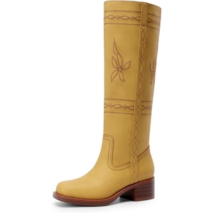 DREAM PAIRS Women’s Knee High Boots Pull-on Tall Shaft with Western Stitching Vintage Style Comfortable Square Toe Boots for Women(Yellow)