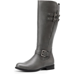 DREAM PAIRS Women’s Knee High Riding Pirate Boots, Comfortable Low Chunky Heel Flat Motorcycle Buckle Boots for Women(Grey)