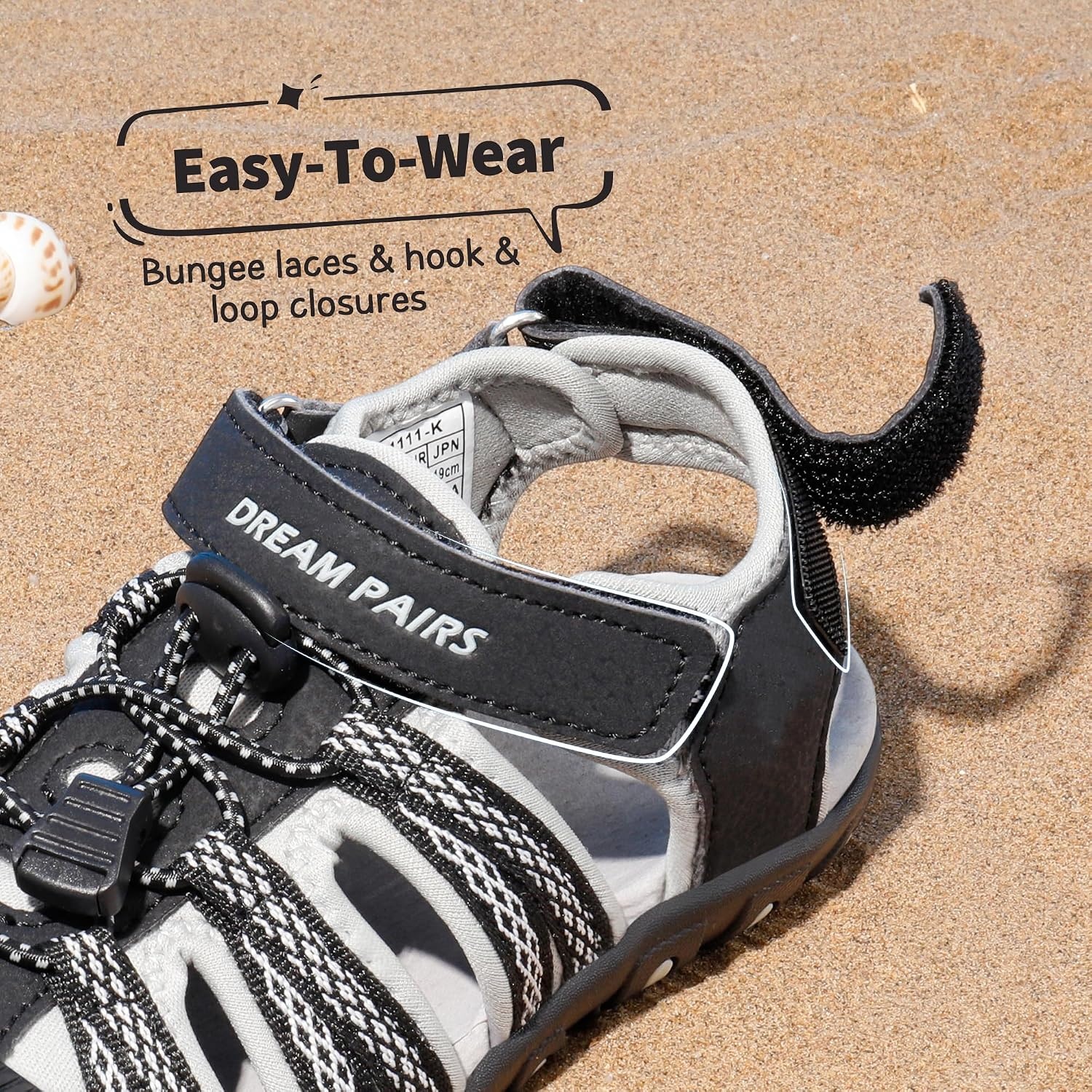 image:imageDREAM PAIRS Boys Girls Summer Outdoor Athletic Sport Sandals Hiking Beach Casual Water Closed Toe Adjustable Multicolor for ToddlerLittleBig KidsBlackGrey