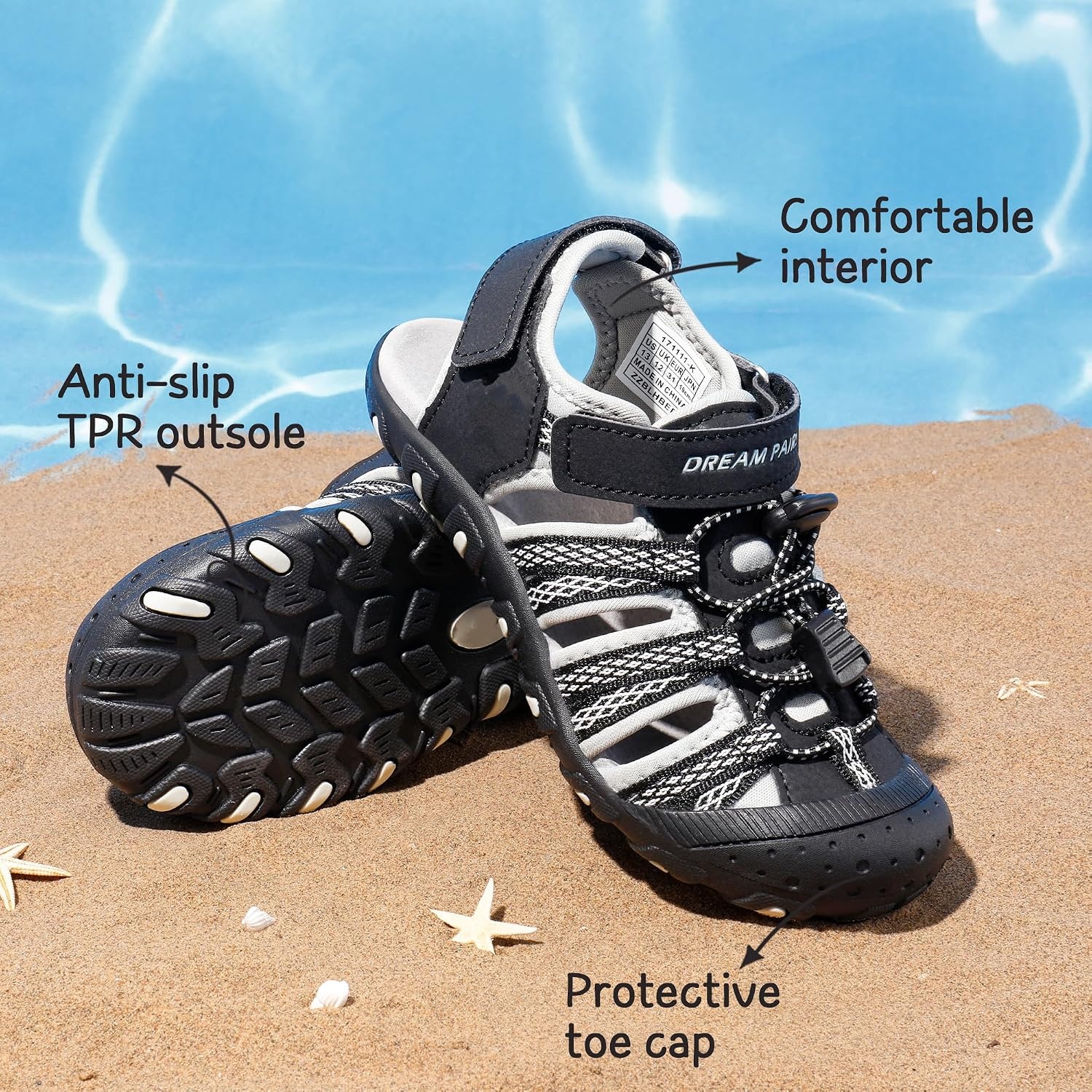 image:imageDREAM PAIRS Boys Girls Summer Outdoor Athletic Sport Sandals Hiking Beach Casual Water Closed Toe Adjustable Multicolor for ToddlerLittleBig KidsBlackGrey