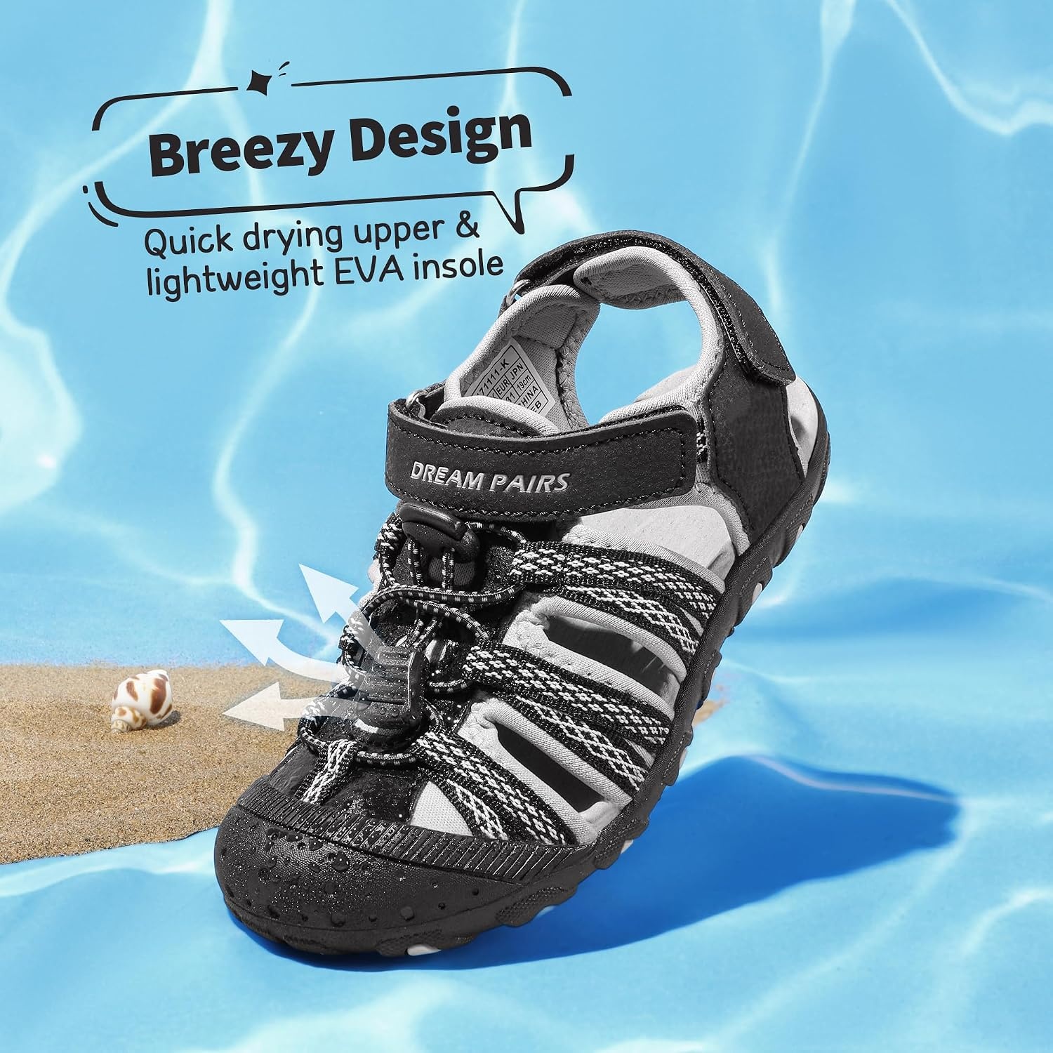 image:imageDREAM PAIRS Boys Girls Summer Outdoor Athletic Sport Sandals Hiking Beach Casual Water Closed Toe Adjustable Multicolor for ToddlerLittleBig KidsBlackGrey