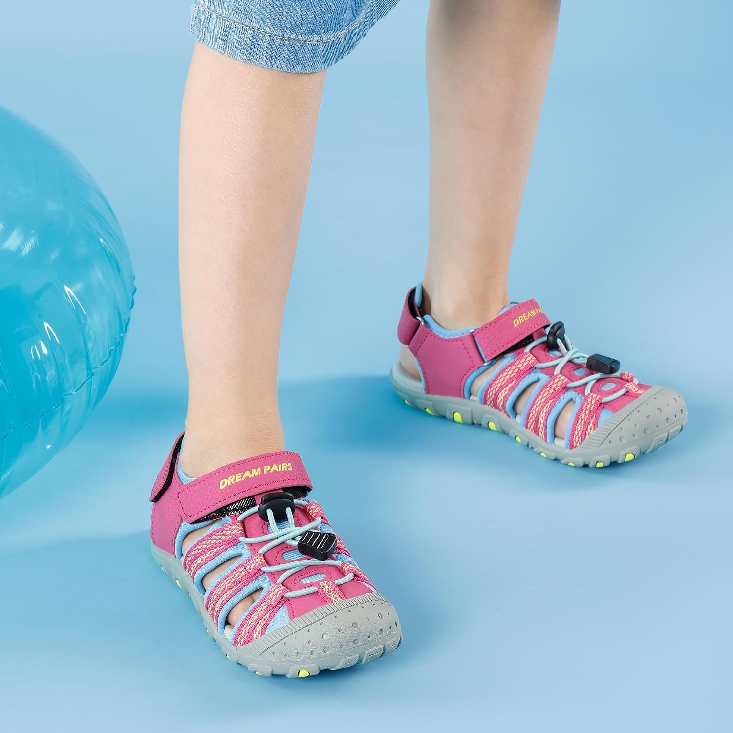 image:imageDREAM PAIRS Boys Girls Summer Outdoor Athletic Sport Sandals Hiking Beach Casual Water Closed Toe Adjustable Multicolor for ToddlerLittleBig KidsFuchsiaCyanNeonGreen