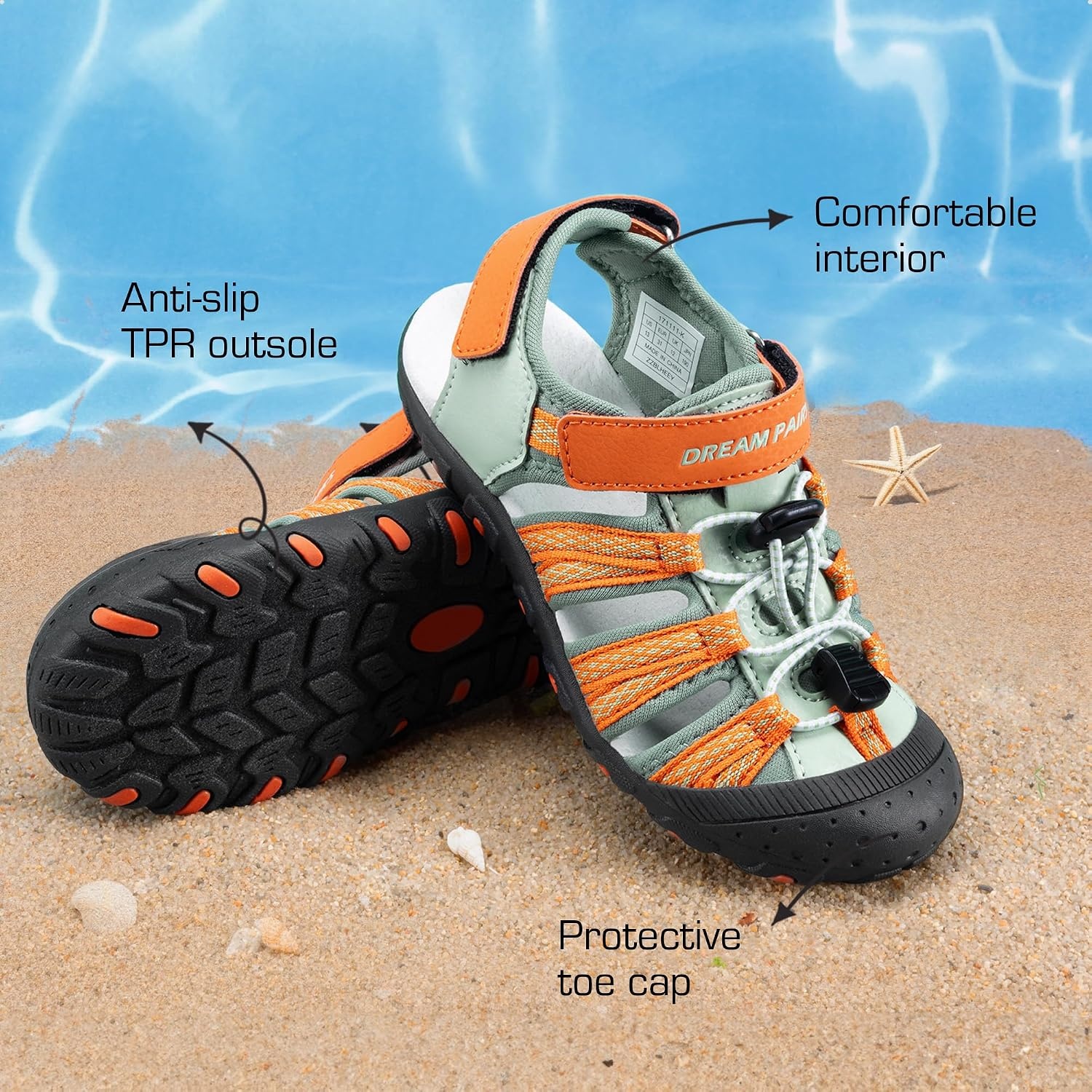 image:imageDREAM PAIRS Boys Girls Summer Outdoor Athletic Sport Sandals Hiking Beach Casual Water Closed Toe Adjustable Multicolor for ToddlerLittleBig KidsGreenOrange