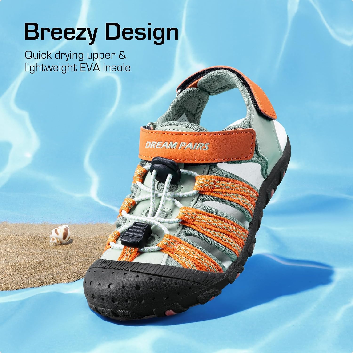 image:imageDREAM PAIRS Boys Girls Summer Outdoor Athletic Sport Sandals Hiking Beach Casual Water Closed Toe Adjustable Multicolor for ToddlerLittleBig KidsGreenOrange