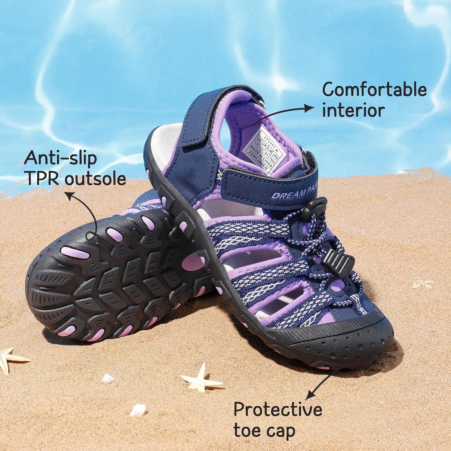 image:imageDREAM PAIRS Boys Girls Summer Outdoor Athletic Sport Sandals Hiking Beach Casual Water Closed Toe Adjustable Multicolor for ToddlerLittleBig KidsPurple