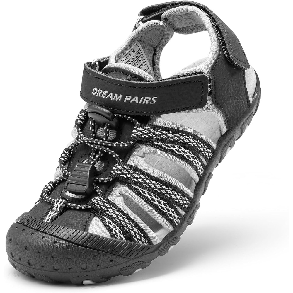 image:imageDREAM PAIRS Boys Girls Summer Outdoor Athletic Sport Sandals Hiking Beach Casual Water Closed Toe Adjustable Multicolor for ToddlerLittleBig KidsBlackGrey