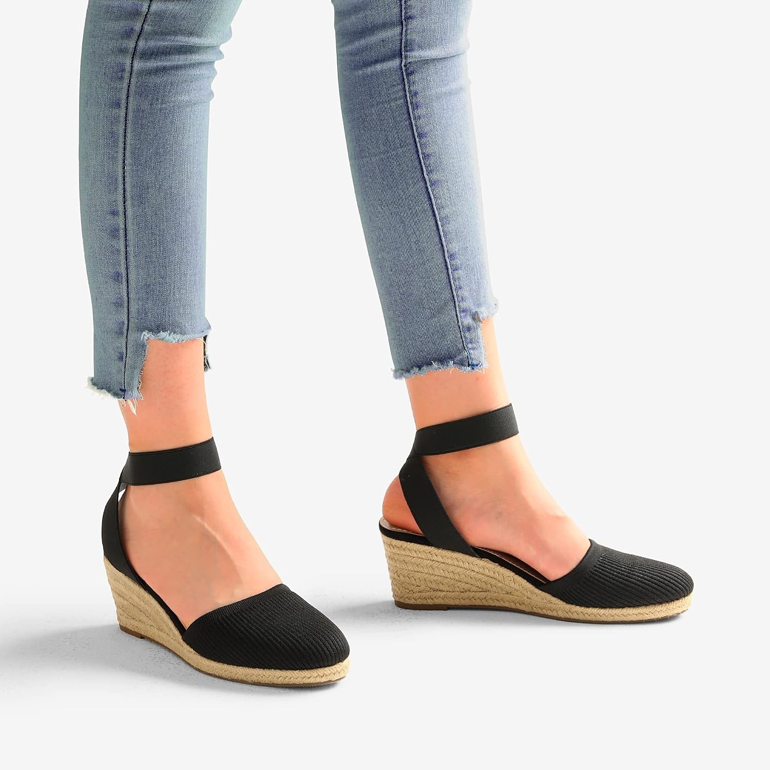 image:imageDREAM PAIRS Womens Elastic Ankle Strap Espadrilles Wedge SandalsBlackknit